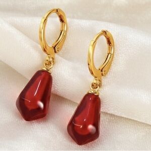 Elegant Stainless Steel Red Pomegranate Resin Drop Earrings – Teardrop Design